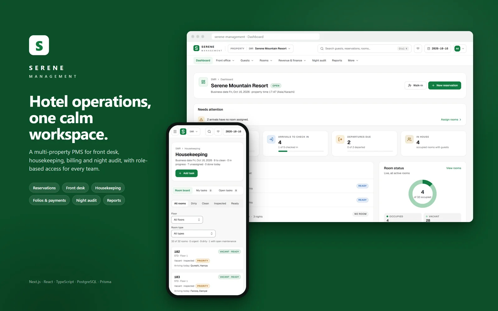 Serene Management hotel PMS dashboard and mobile housekeeping board by Syed Asjad Abbas