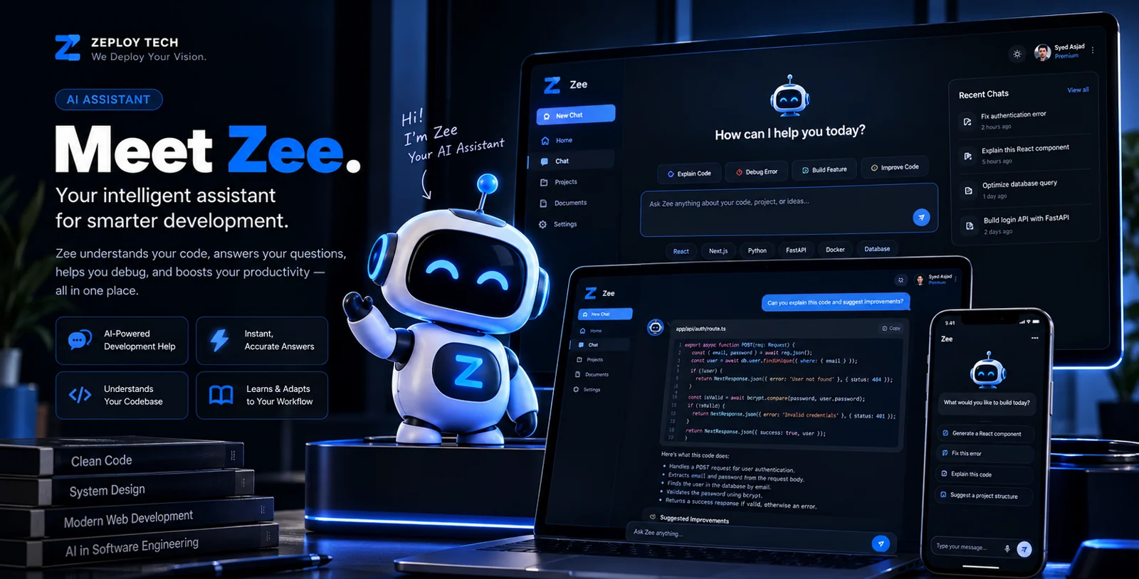 Zee, the Zeploy Tech AI assistant, promotional showcase